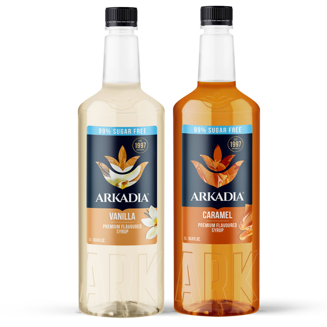 Arkadia 99% Sugar Free 1 x Caramel & 1 x Vanilla Flavoured Syrup 1000ml (2 bottles)