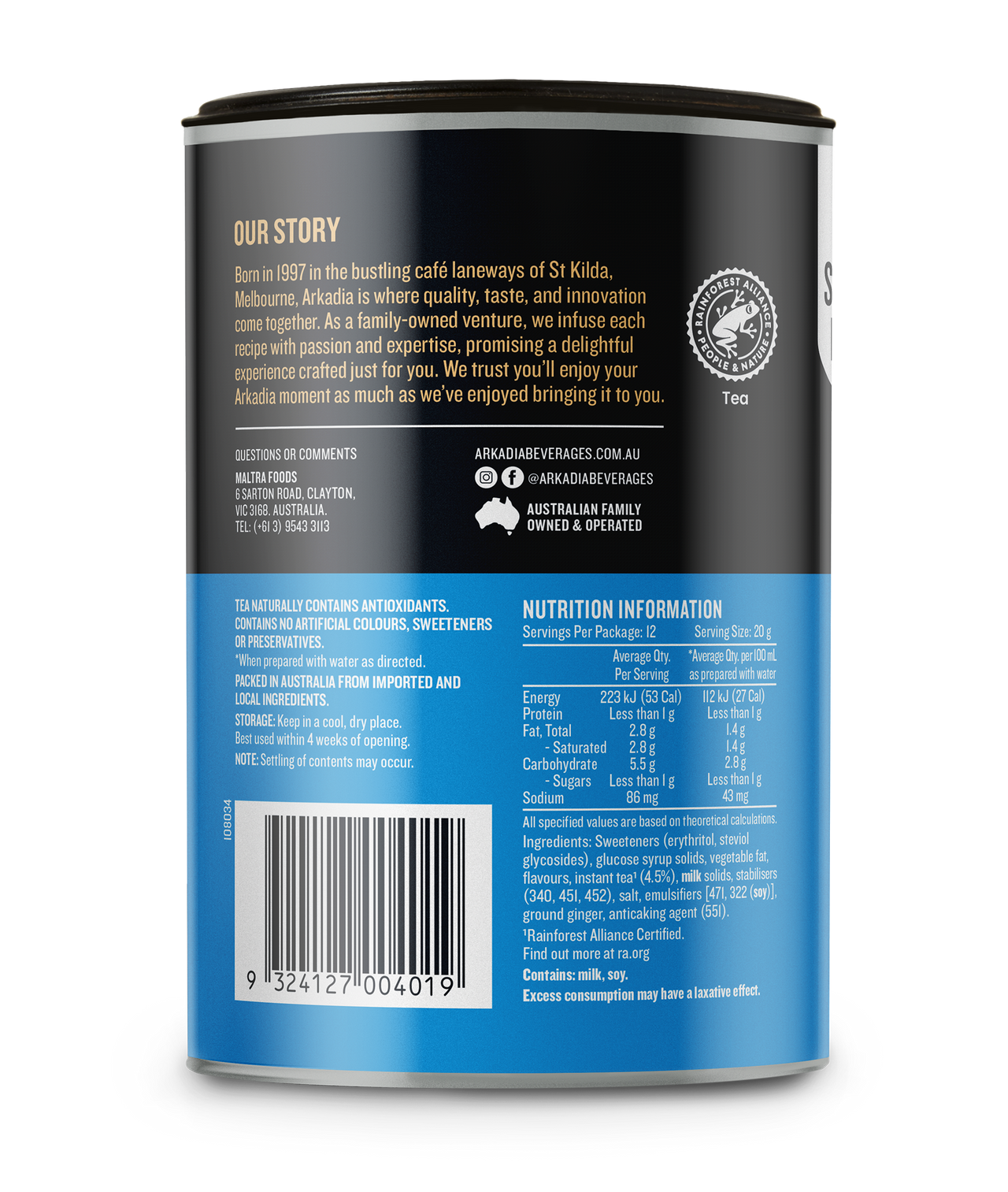 Arkadia 99% Sugar Free Chai Latte 6 x 240g, 98% fat free, Cafe, Chai Lovers
