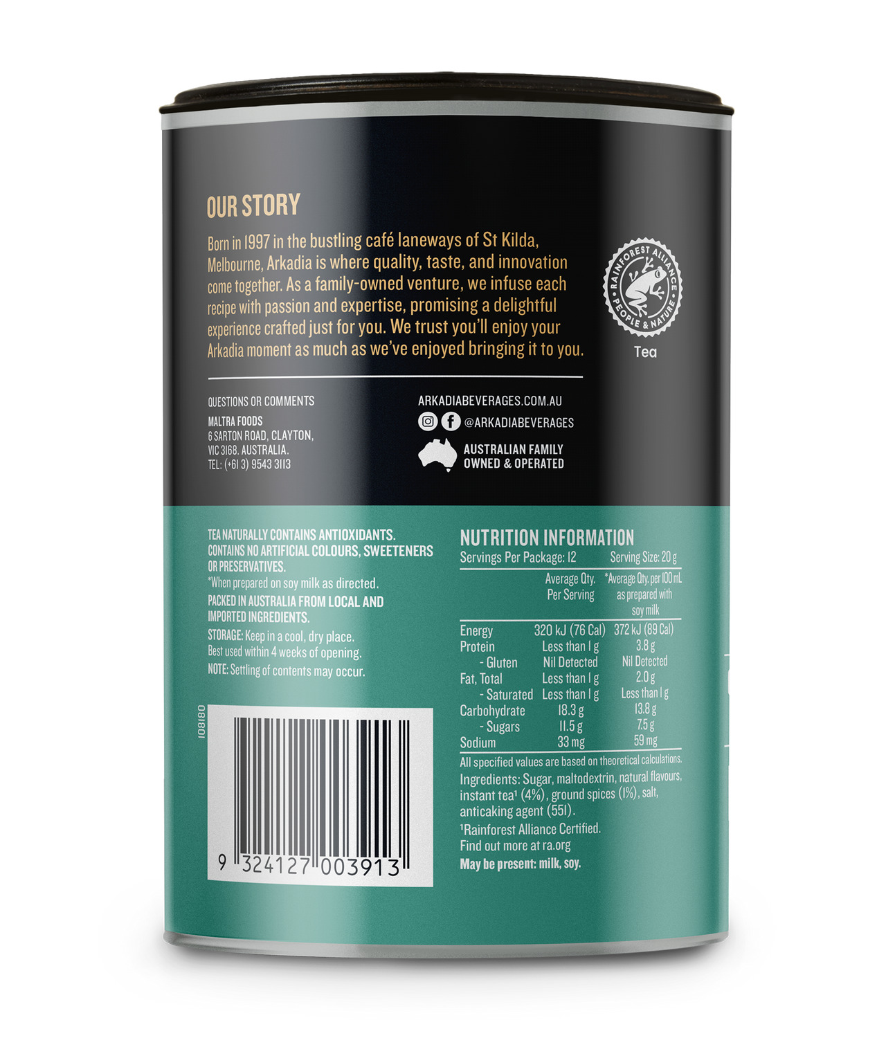 Arkadia Chai Tea Vegan 6 x 240g Dairy Free Gluten Free Plant Based Halal Latte