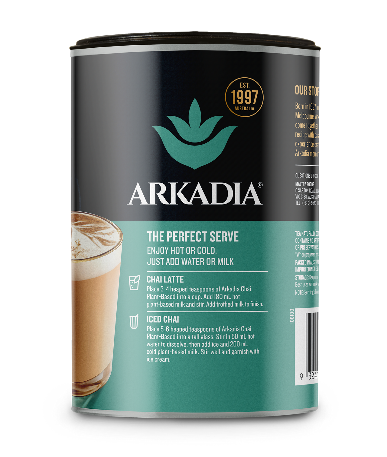 Arkadia Chai Tea Vegan 6 x 240g Dairy Free Gluten Free Plant Based Halal Latte