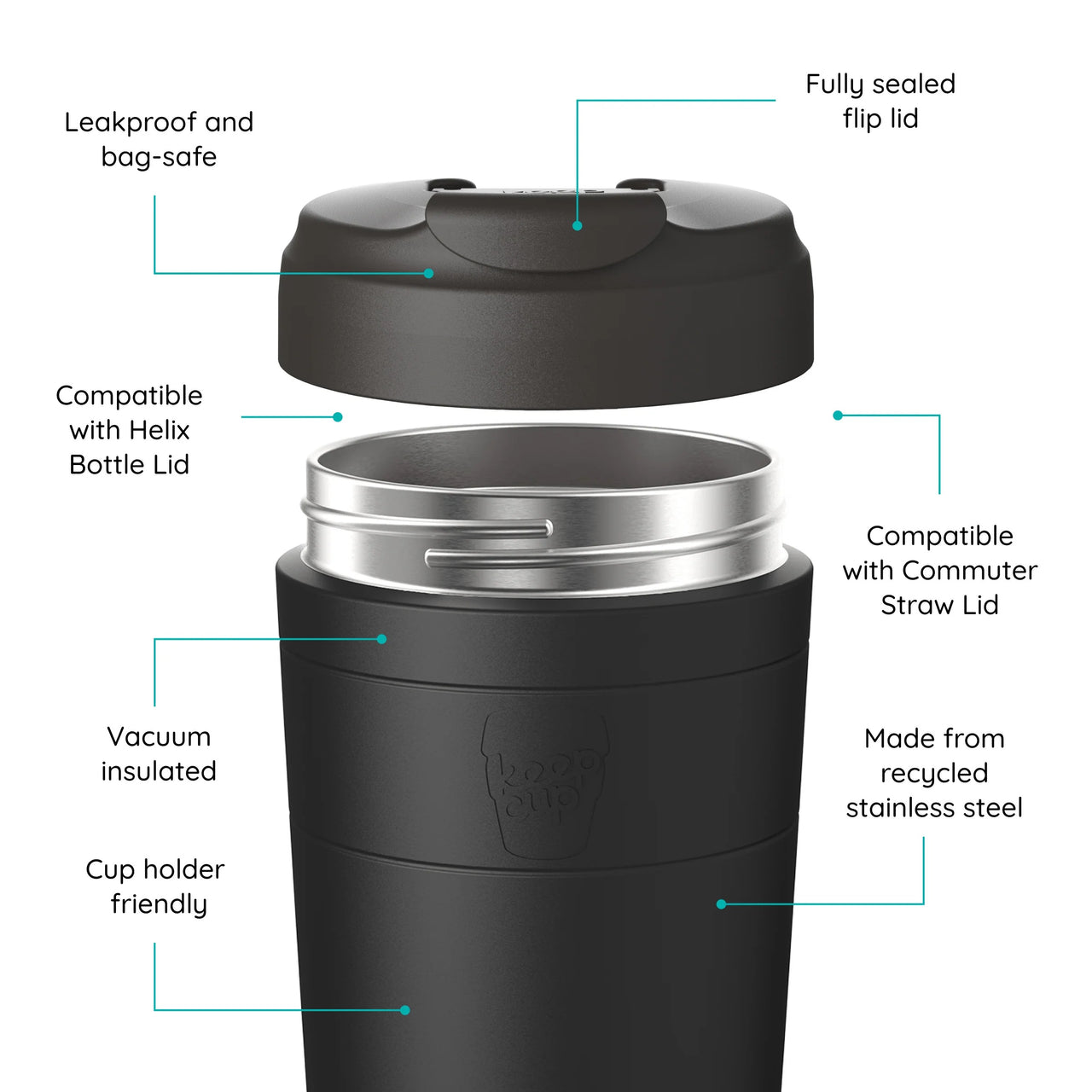 KeepCup Commuter 12oz BLACK Reusable Travel Mug, Insulated Stainless Steel